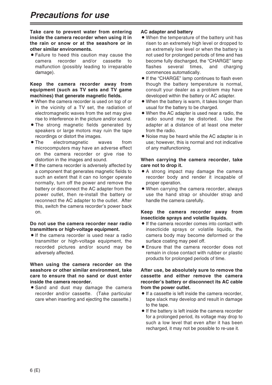 Precautions for use | Panasonic AG-DVX100A User Manual | Page 6 / 72