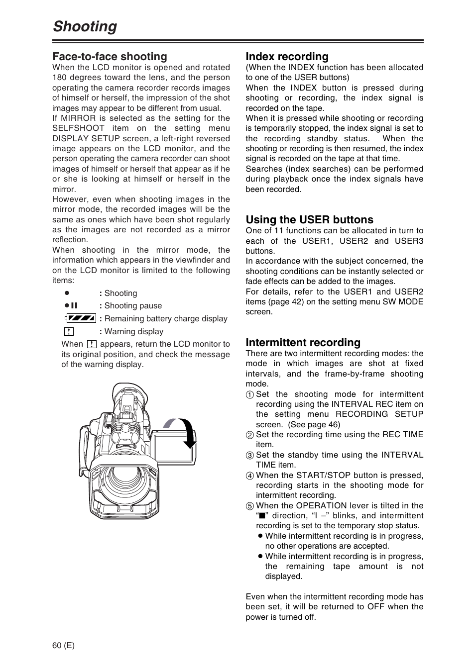 Shooting, Face-to-face shooting, Index recording | Using the user buttons, Intermittent recording | Panasonic AG-DVX100A User Manual | Page 60 / 72