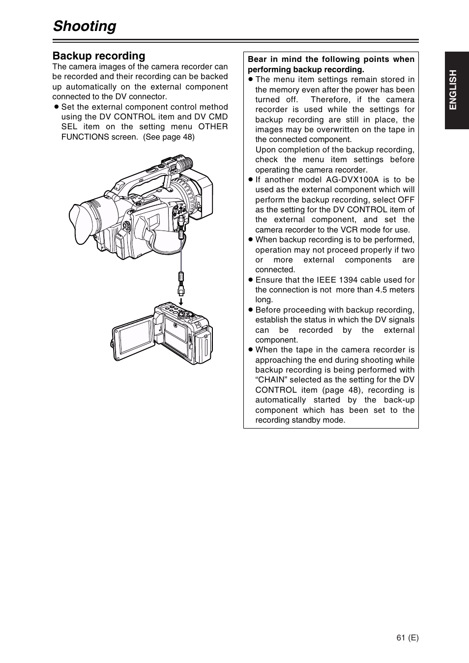 Shooting, Backup recording | Panasonic AG-DVX100A User Manual | Page 61 / 72