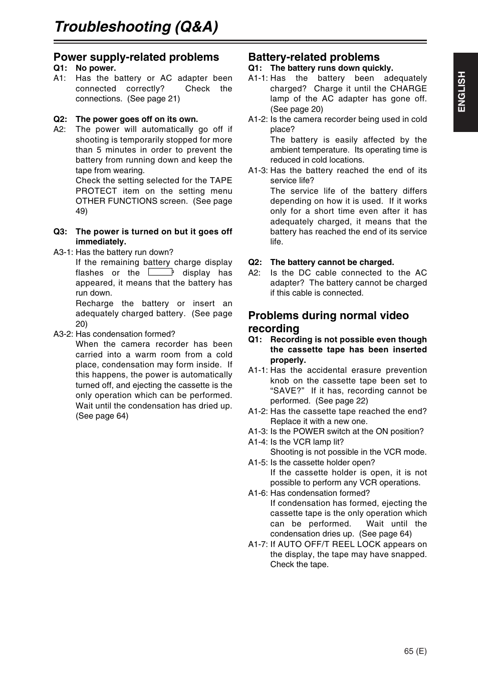 Troubleshooting (q&a), Power supply-related problems, Battery-related problems | Problems during normal video recording | Panasonic AG-DVX100A User Manual | Page 65 / 72