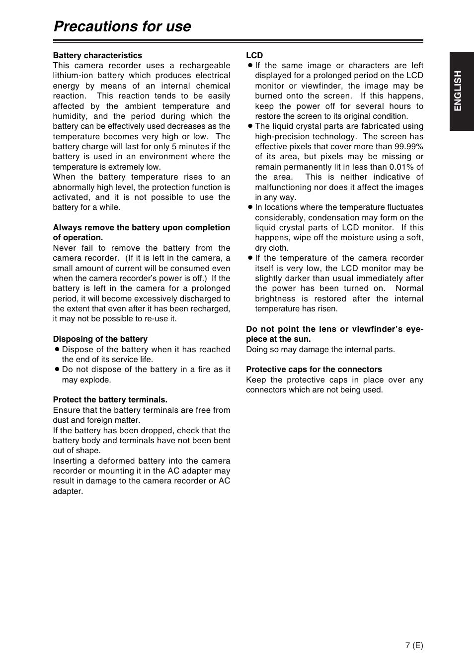 Precautions for use | Panasonic AG-DVX100A User Manual | Page 7 / 72