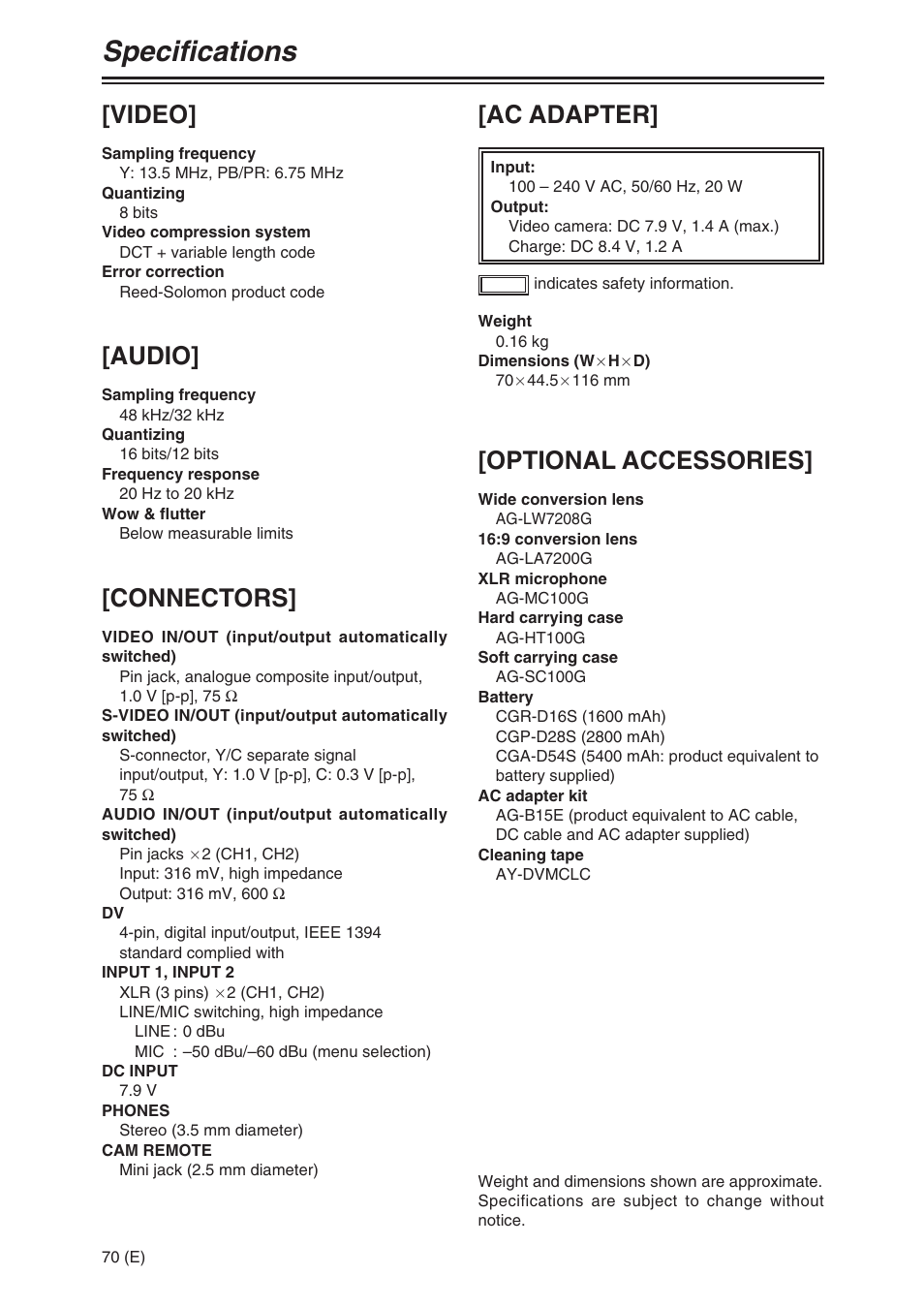 Specifications, Video, Audio | Connectors, Optional accessories, Ac adapter | Panasonic AG-DVX100A User Manual | Page 70 / 72