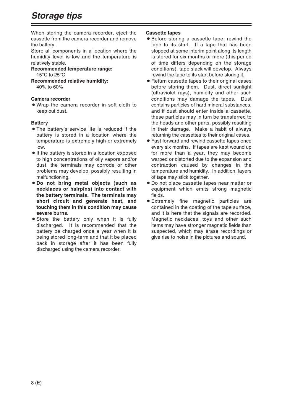 Storage tips | Panasonic AG-DVX100A User Manual | Page 8 / 72