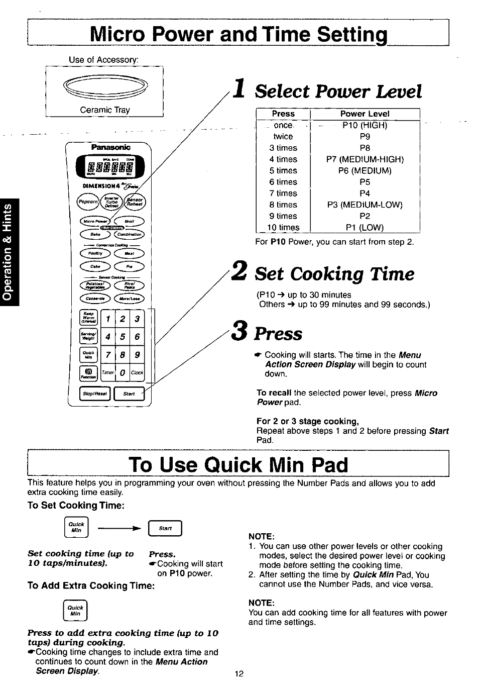 Micro power and time setting, Select power level, 2 set (booking time | To use quick min pad, To defrost micro power and time setting, Using quick min pad, 3 press, Cooking, Up to 10 taps/minutes). press | Panasonic NN-C980w User Manual | Page 12 / 44