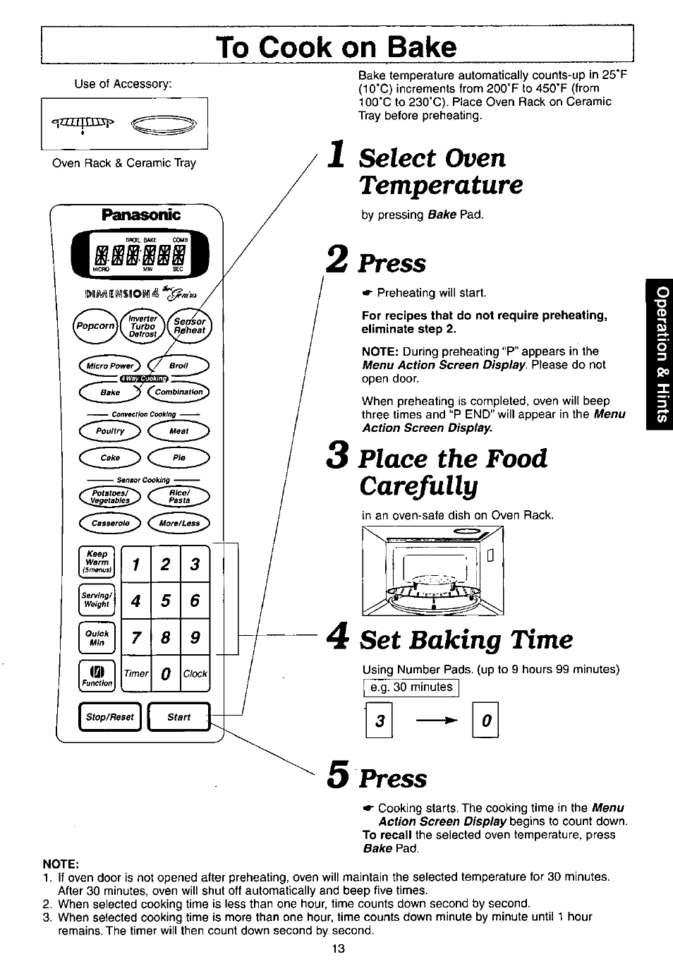 To cook on bake, 1 select oven temperature, 2 press | 3 place the food carefully, 5 press, 4 set baking time | Panasonic NN-C980w User Manual | Page 13 / 44