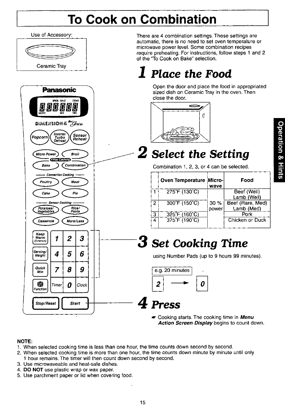 To cook on combination, Tw- tw cw, 1 place the food | 3 set cooking time, 4 press, Place the food, Select the setting, Set cooking time, Press | Panasonic NN-C980w User Manual | Page 15 / 44