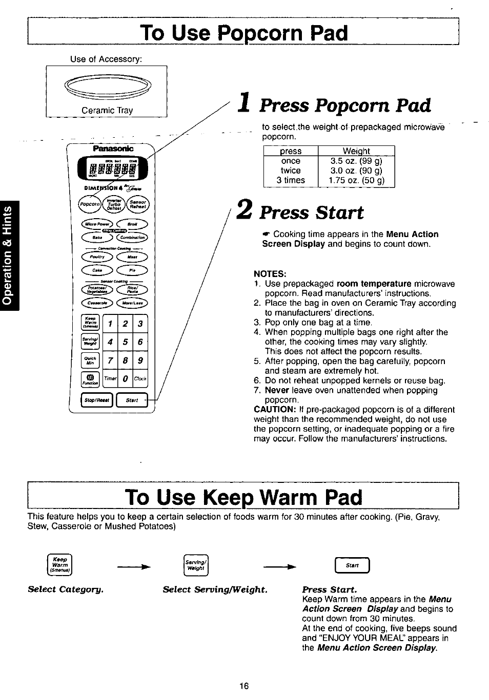 To use popcorn pad, 1 press popcorn pad, 2 press start | To use keep warm pad, Select category, Using popcorn pad, Press popcorn pad, Press start, Select, Serving/weight | Panasonic NN-C980w User Manual | Page 16 / 44