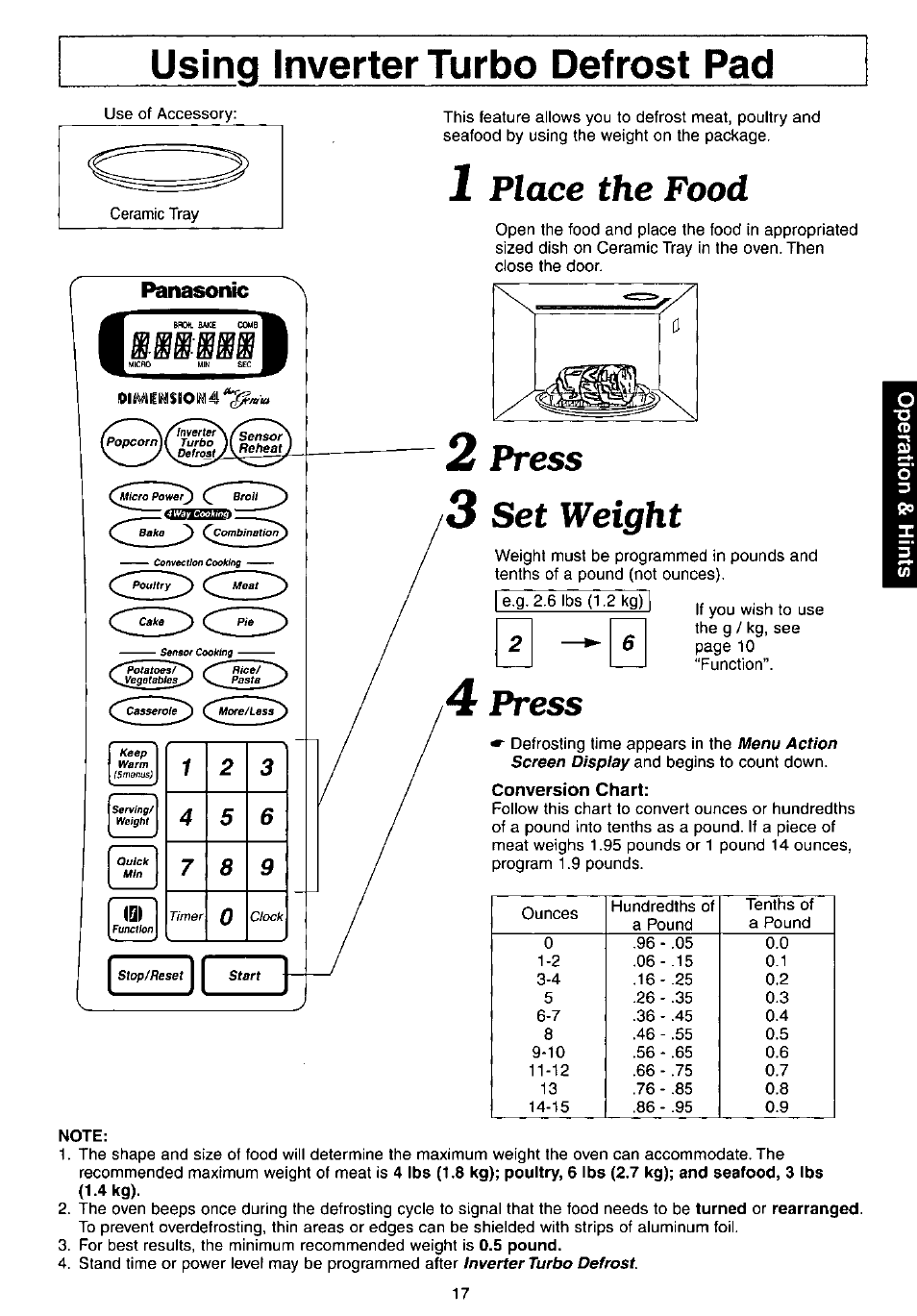 Using inverter turbo defrost pad, 1 place the food, 2 press | 3 set weight, 4 press, Note, Using turbo defrost pad, Place the food, 2 press 3 set weight | Panasonic NN-C980w User Manual | Page 17 / 44