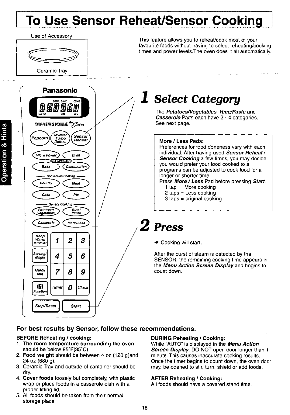 To use sensor reheat/sensor cooking, More / less pads, Before reheating / cooking | The room temperature surrounding the oven, During reheating / cooking, After reheating / cooking, Select category, Press | Panasonic NN-C980w User Manual | Page 18 / 44