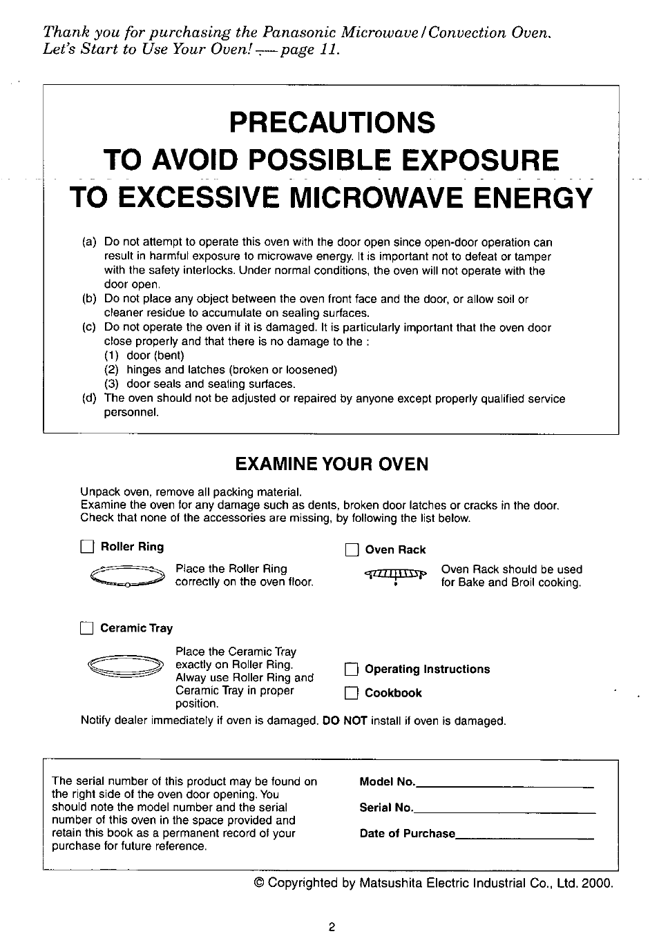 Precautions, P^ge 11, Examine your oven | Panasonic NN-C980w User Manual | Page 2 / 44