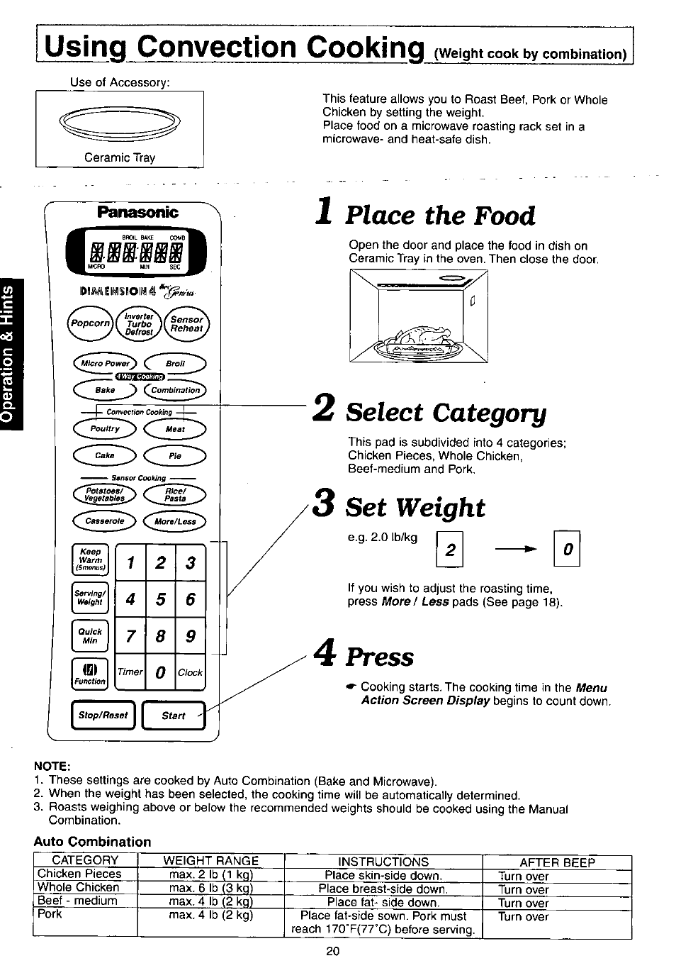 Using convection cooking, Using sensor cooking -19, Place the food | Select category, Set weight, Press | Panasonic NN-C980w User Manual | Page 20 / 44