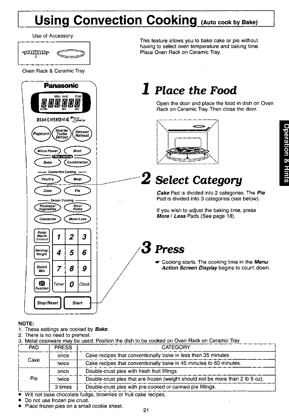 Using convection cooking, 1 place the food, 2 select category | 3 press, Note, Place the food, Select category, Press | Panasonic NN-C980w User Manual | Page 21 / 44