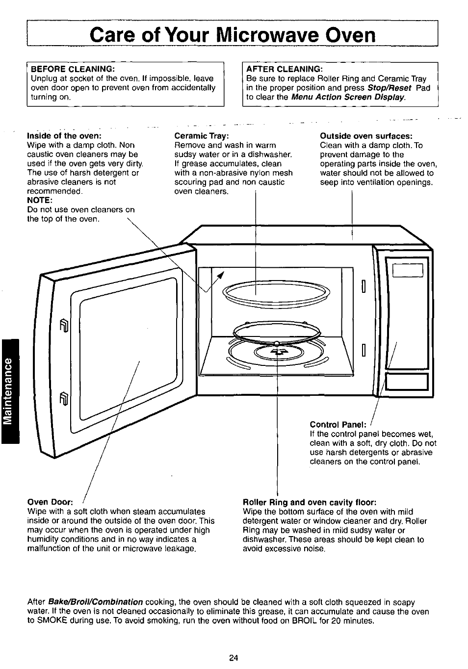 Care of your microwave oven, Before cleaning, After cleaning | Inside of the oven, Ceramic tray, Outside oven surfaces | Panasonic NN-C980w User Manual | Page 24 / 44
