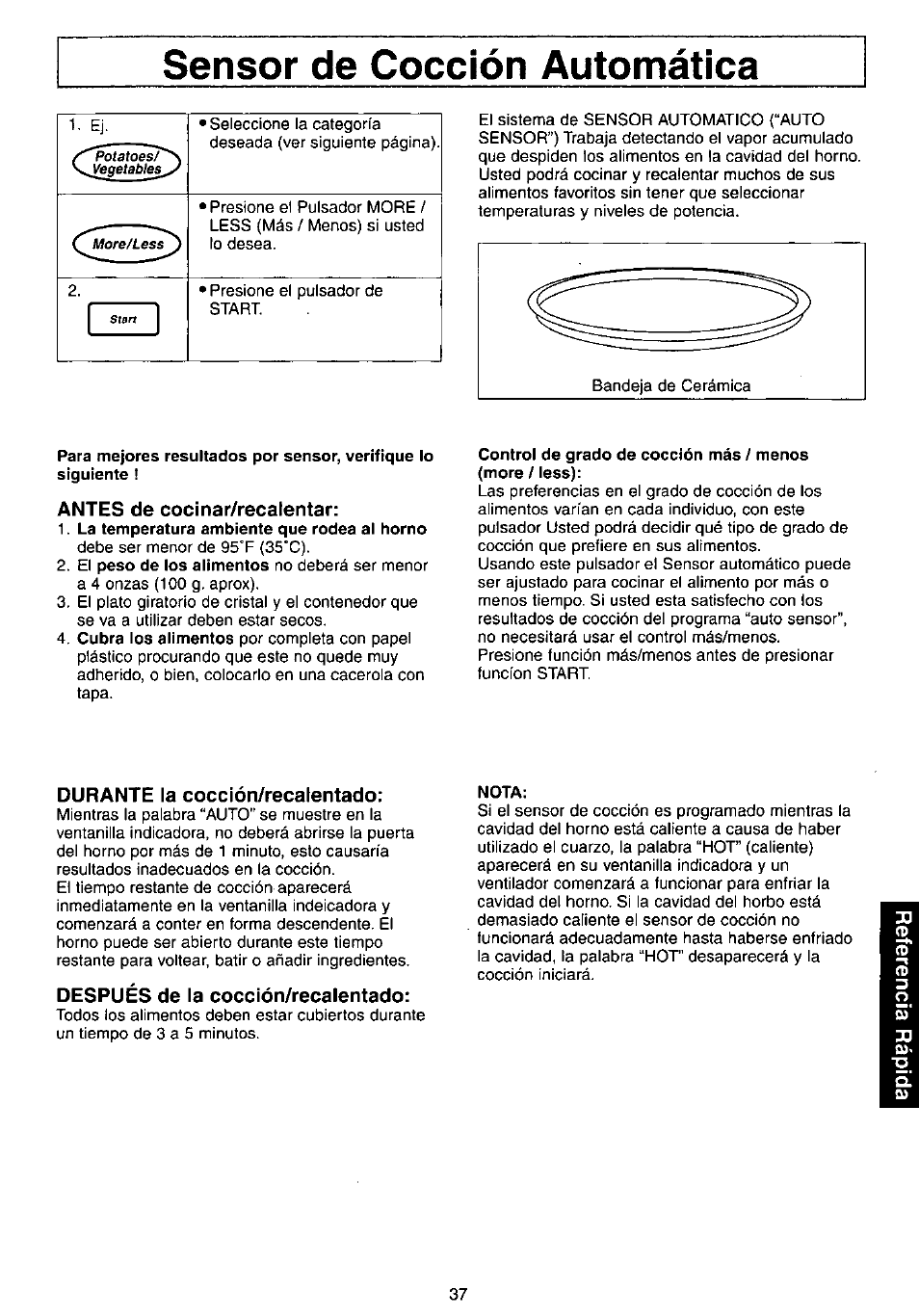 Sensor de cocción automática, Antes de cocinar/recalentar, Durante la cocción/recatentado | Después de la cocción/recalentado, Sensor de cocción automática -38 | Panasonic NN-C980w User Manual | Page 37 / 44