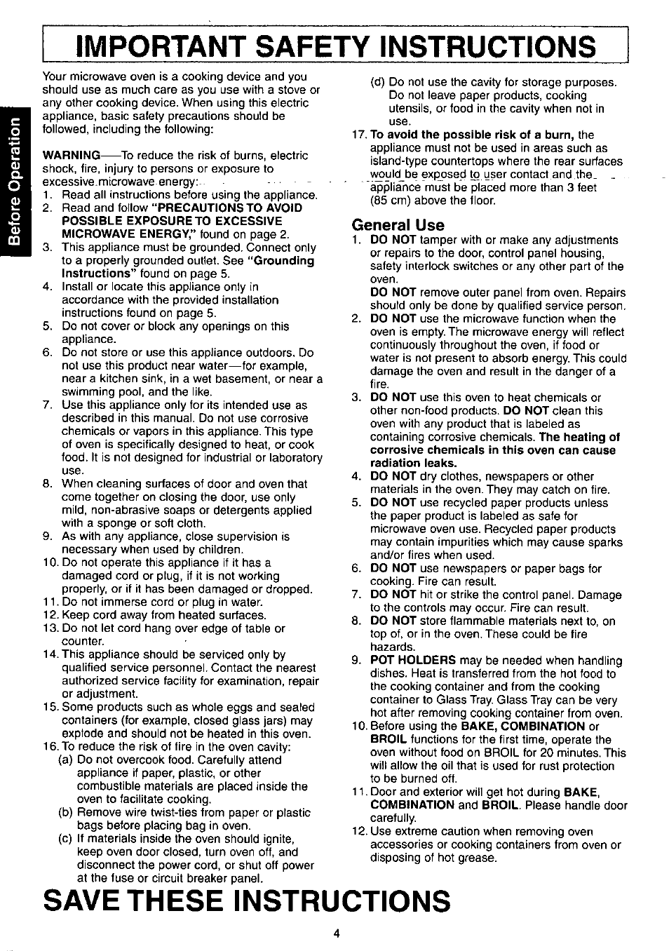 Important safety instructions, To avoid the possible risk of a burn, the, General use | Save these instructions | Panasonic NN-C980w User Manual | Page 4 / 44