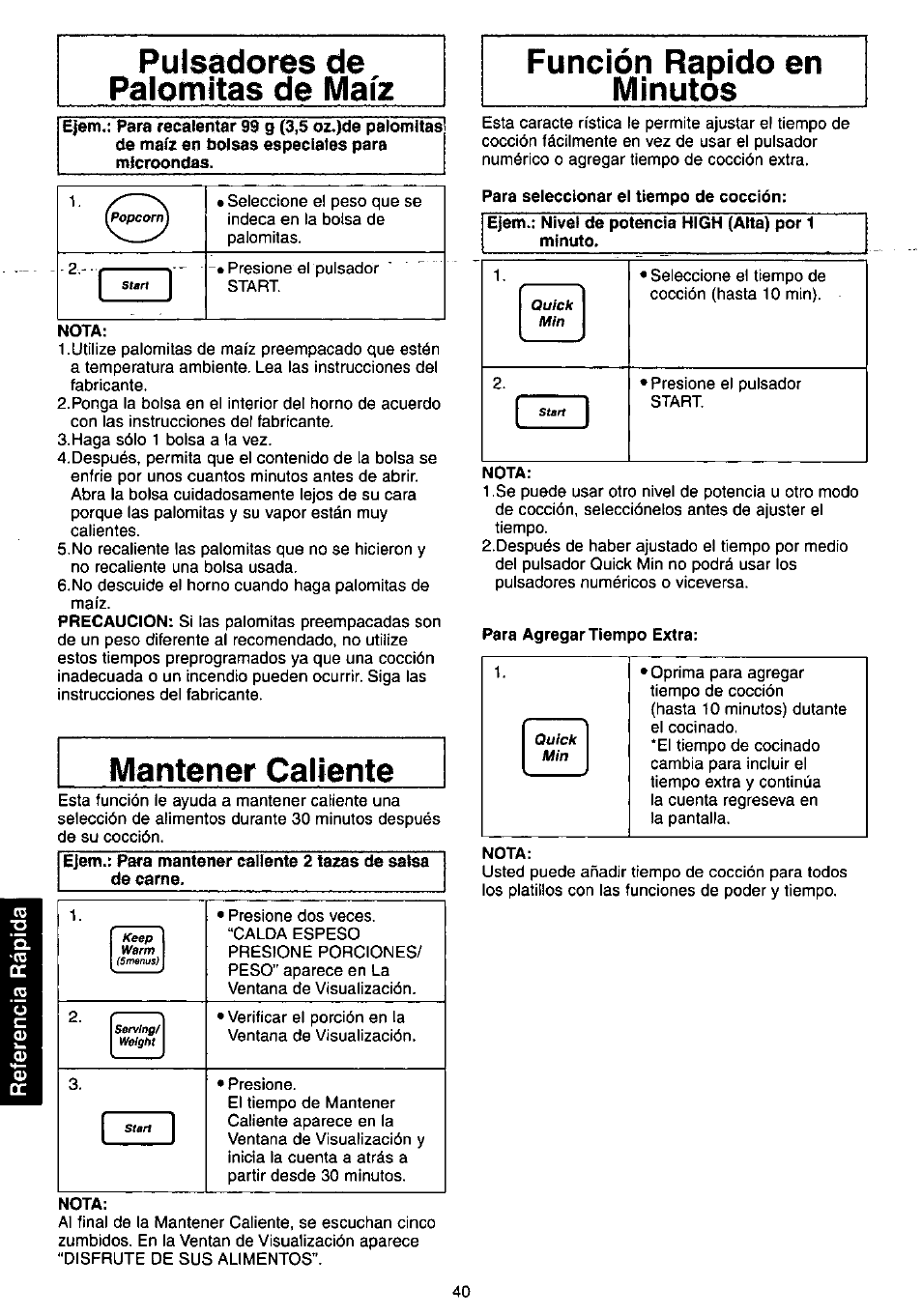 Pulsadores de palomitas de maíz, Mantener caliente, Función rapido en minutos | Panasonic NN-C980w User Manual | Page 40 / 44