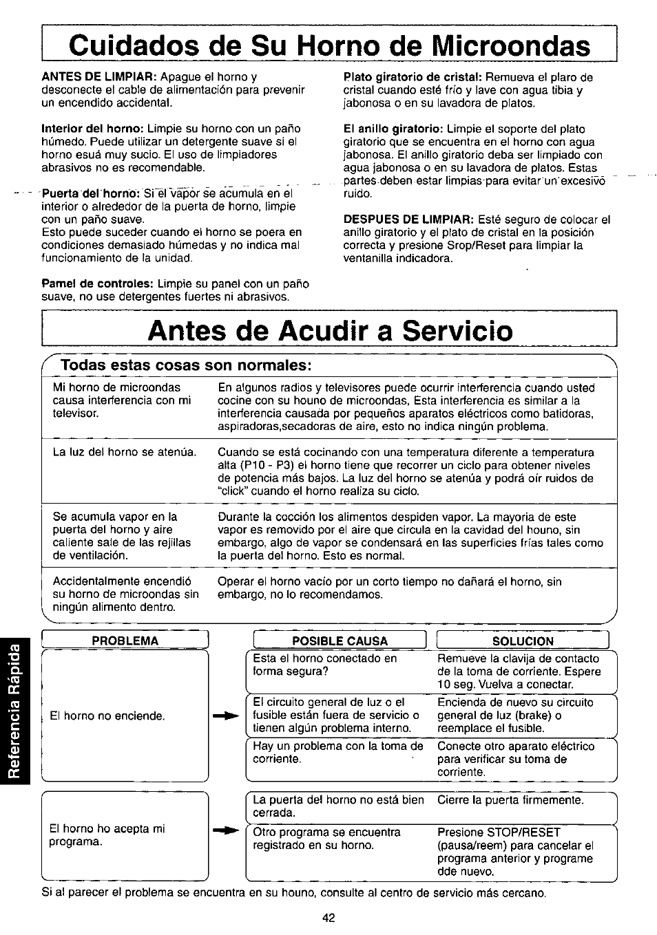Cuidados de su homo de microondas, Antes de acudir a servicio | Panasonic NN-C980w User Manual | Page 42 / 44