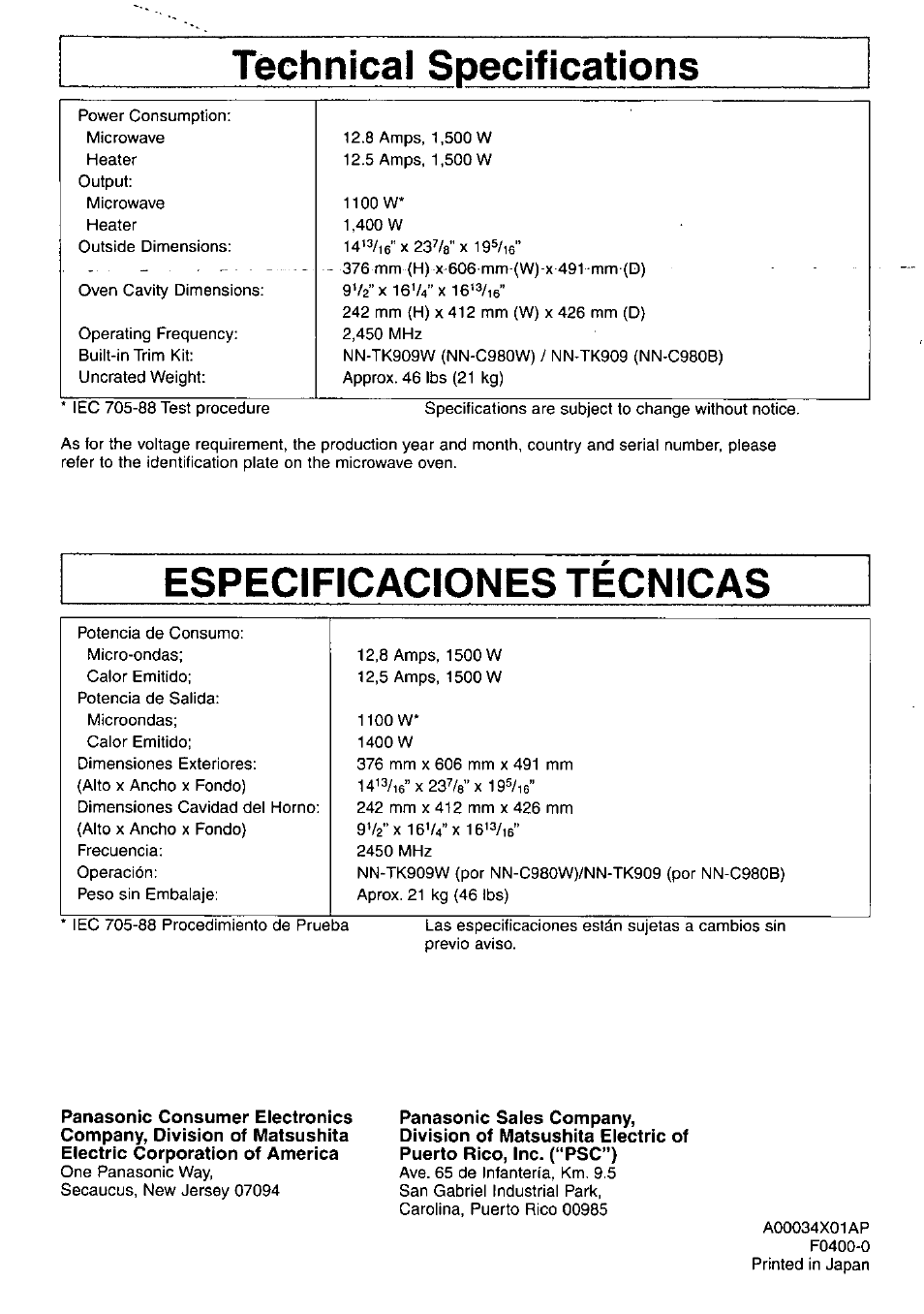 Technical specifications, Especificaciones tecnicas, Especificaciones técnicas | Panasonic NN-C980w User Manual | Page 44 / 44