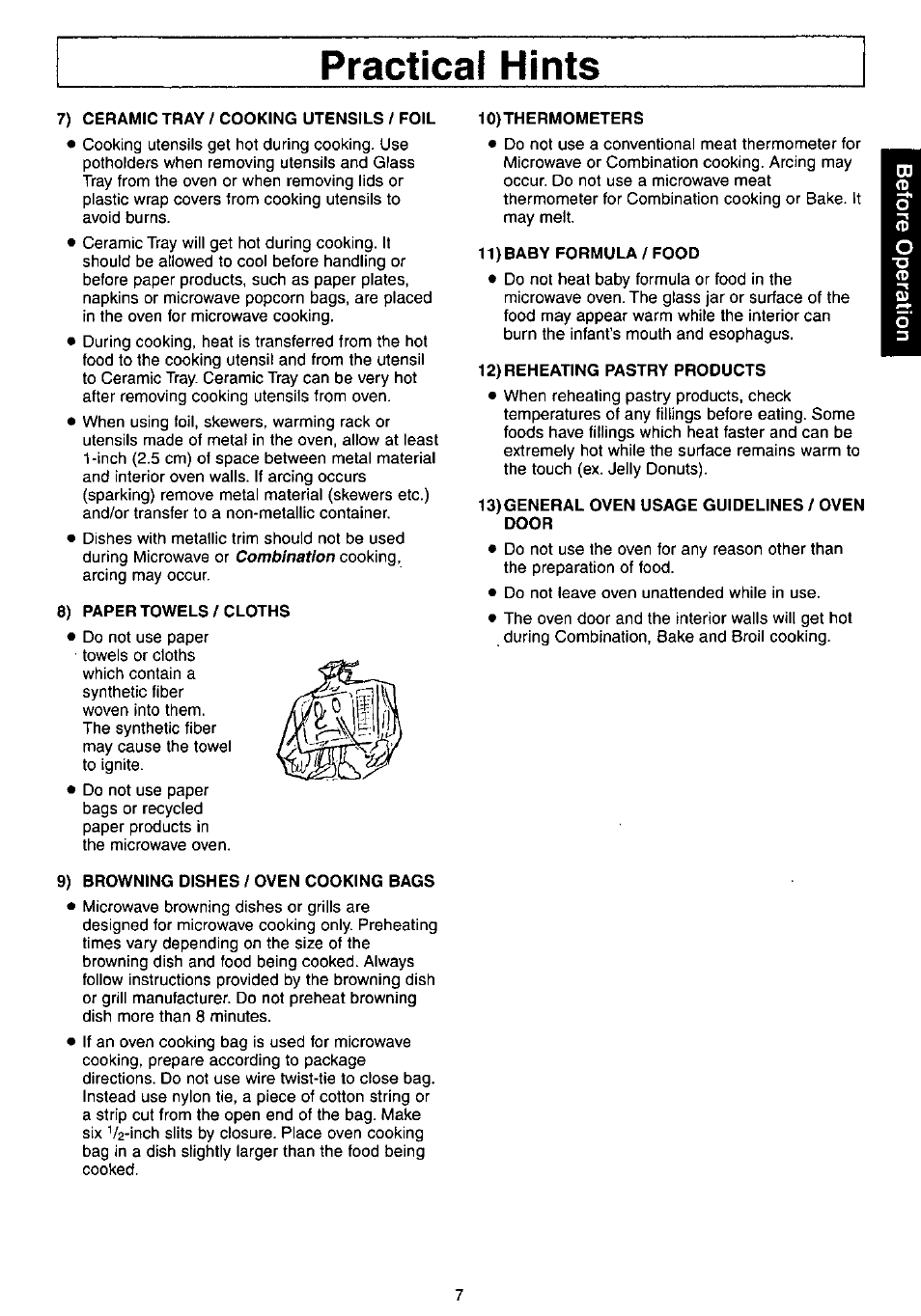 Practical hints, 7) ceramic tray / cooking utensils / foil, 8) paper towels / cloths | 10) thermometers, 11) baby formula / food, 12) reheating pastry products, 13) general oven usage guidelines / oven door, 9) browning dishes / oven cooking bags | Panasonic NN-C980w User Manual | Page 7 / 44