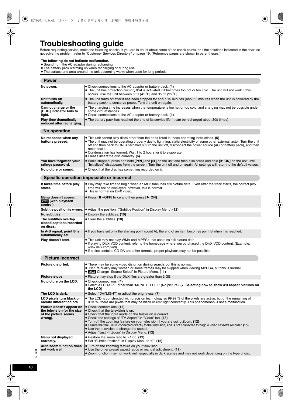 Reference, Troubleshooting guide | Panasonic DVD-LS865 User Manual | Page 16 / 20