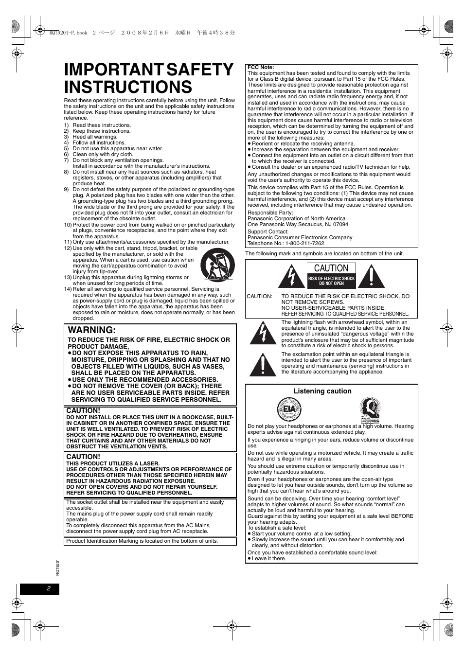 Getting started, Important safety instructions, Warning | Caution, Listening caution | Panasonic DVD-LS865 User Manual | Page 2 / 20