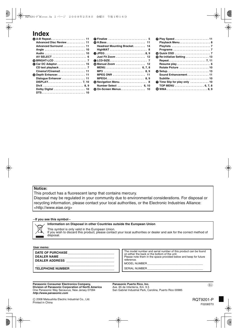 Index | Panasonic DVD-LS865 User Manual | Page 20 / 20