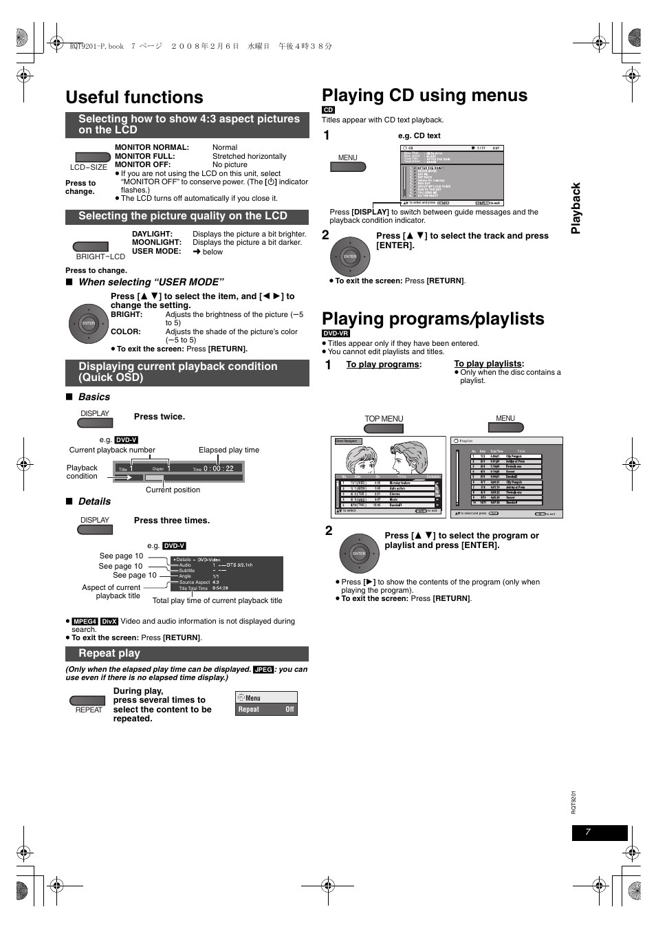 Useful functions, Playing cd using menus, Playing programs/playlists | Playing programs / playlists, Pl a ybac k, Selecting the picture quality on the lcd, Displaying current playback condition (quick osd), Repeat play, When selecting “user mode, Basics | Panasonic DVD-LS865 User Manual | Page 7 / 20