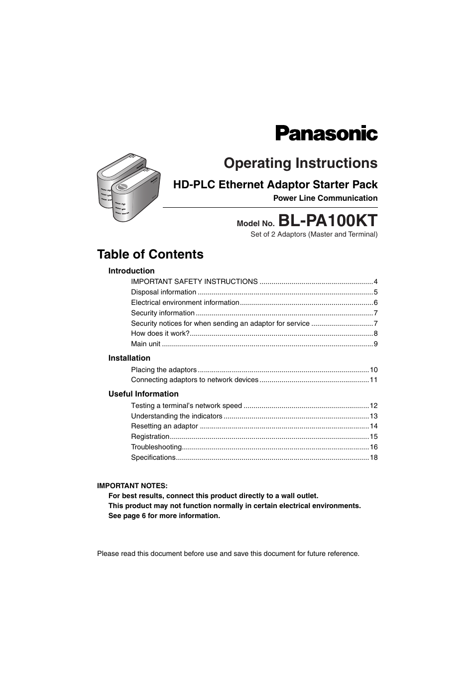 Panasonic BL-PA100KT User Manual | 20 pages