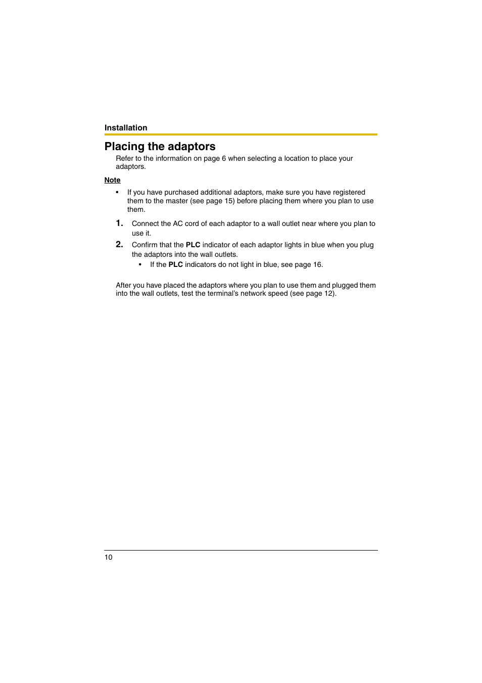 Installation, Placing the adaptors | Panasonic BL-PA100KT User Manual | Page 10 / 20