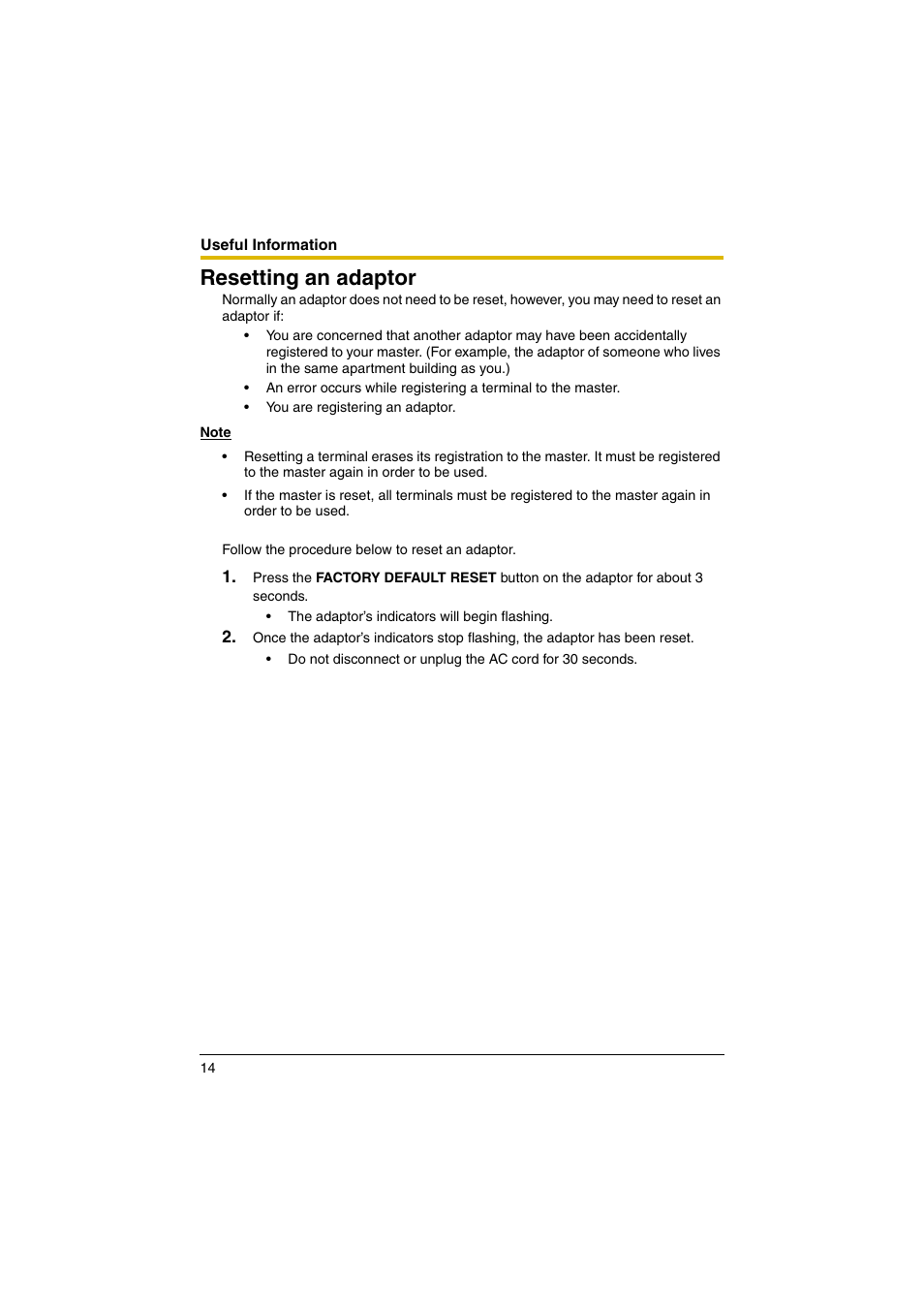 Resetting an adaptor | Panasonic BL-PA100KT User Manual | Page 14 / 20