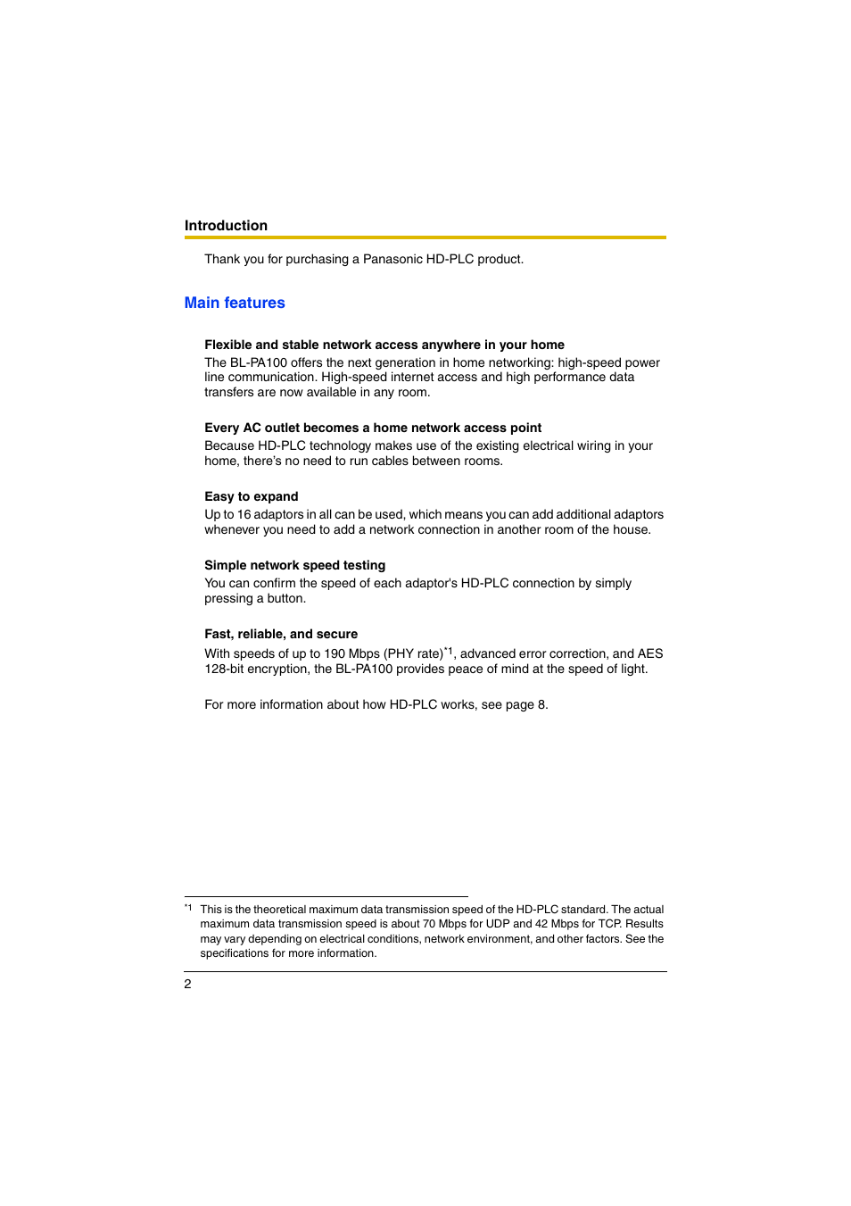 Introduction, Main features | Panasonic BL-PA100KT User Manual | Page 2 / 20