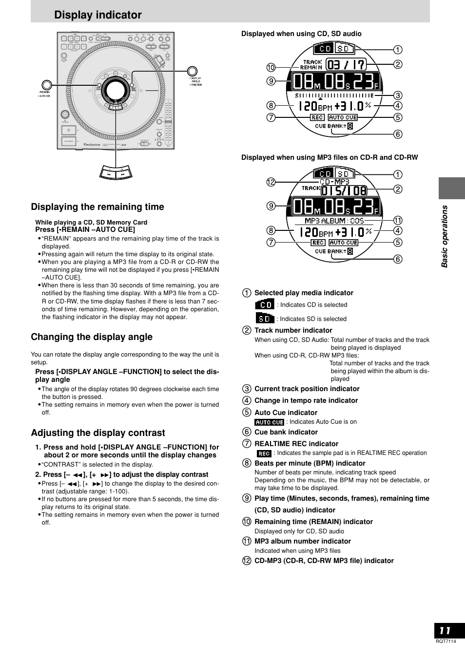 Display indicator, Displaying the remaining time, Changing the display angle | Adjusting the display contrast | Panasonic SL-DZ1200 User Manual | Page 11 / 28