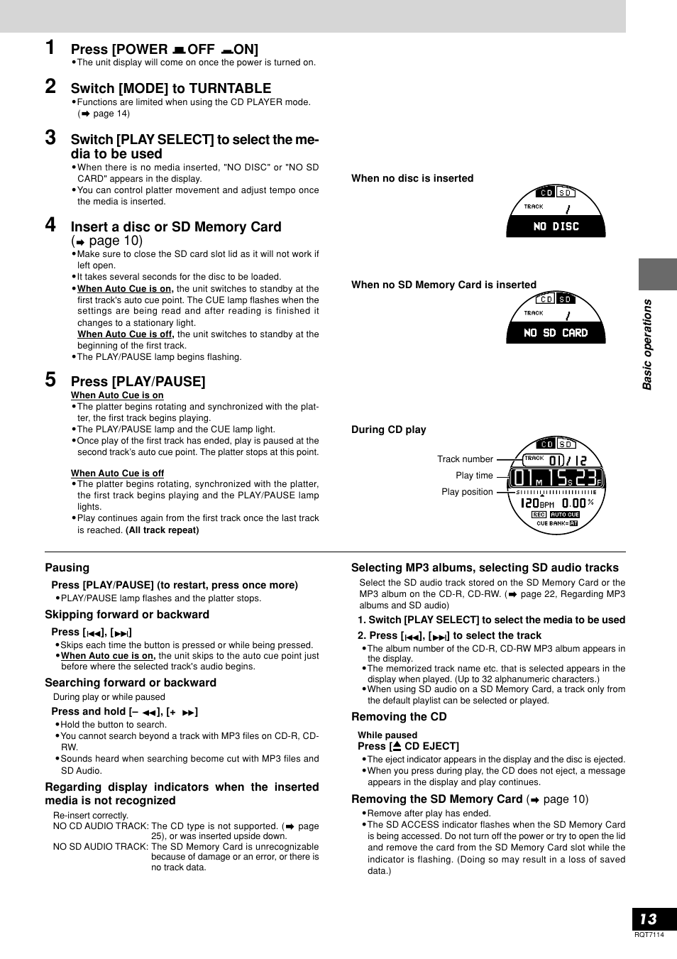 Press [power off on, Press [play/pause, Switch [mode] to turntable | Panasonic SL-DZ1200 User Manual | Page 13 / 28