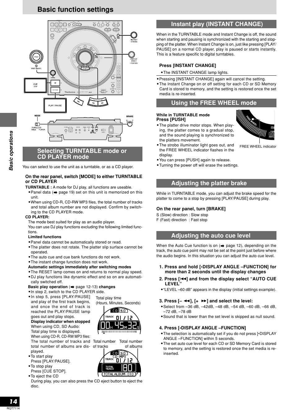 Basic function settings, Selecting turntable mode or cd player mode, Instant play (instant change) | Using the free wheel mode, Adjusting the platter brake, Adjusting the auto cue level | Panasonic SL-DZ1200 User Manual | Page 14 / 28