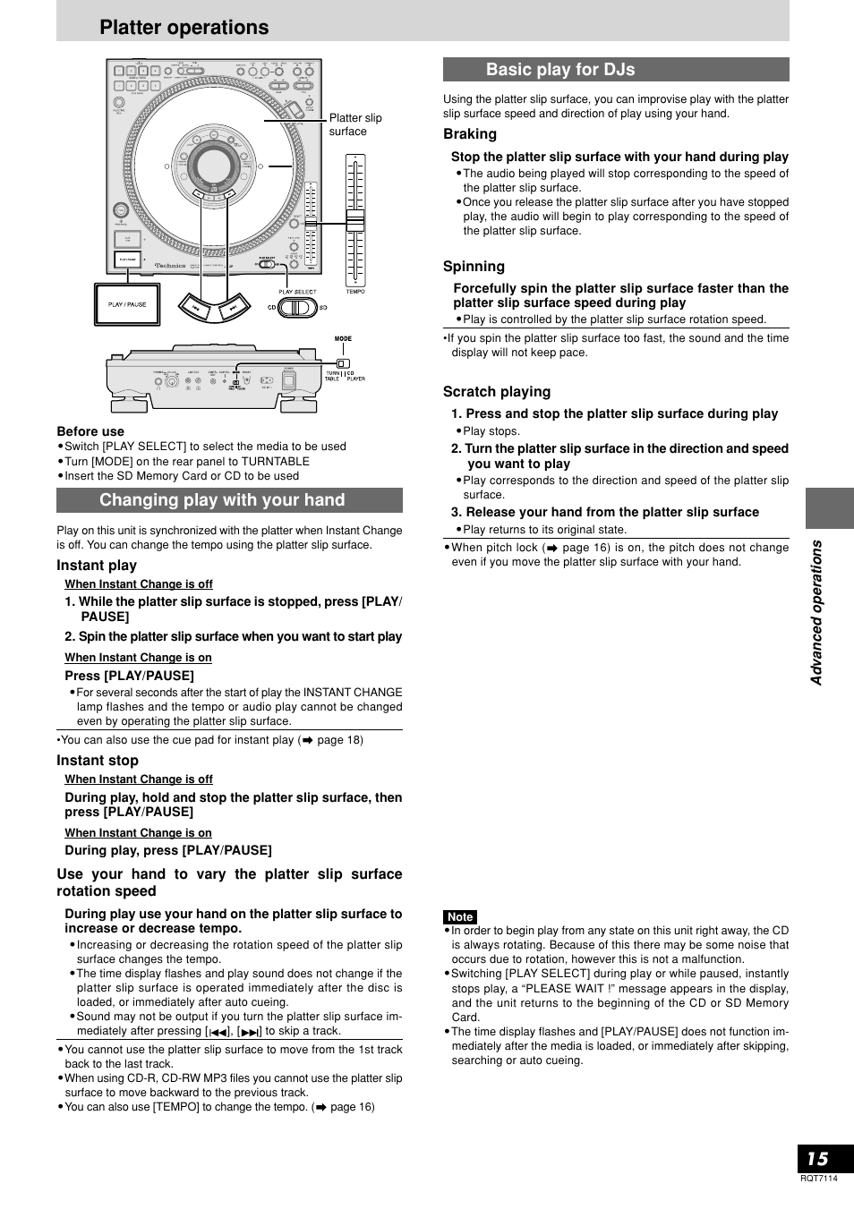 Platter operations, Changing play with your hand, Basic play for djs | Panasonic SL-DZ1200 User Manual | Page 15 / 28