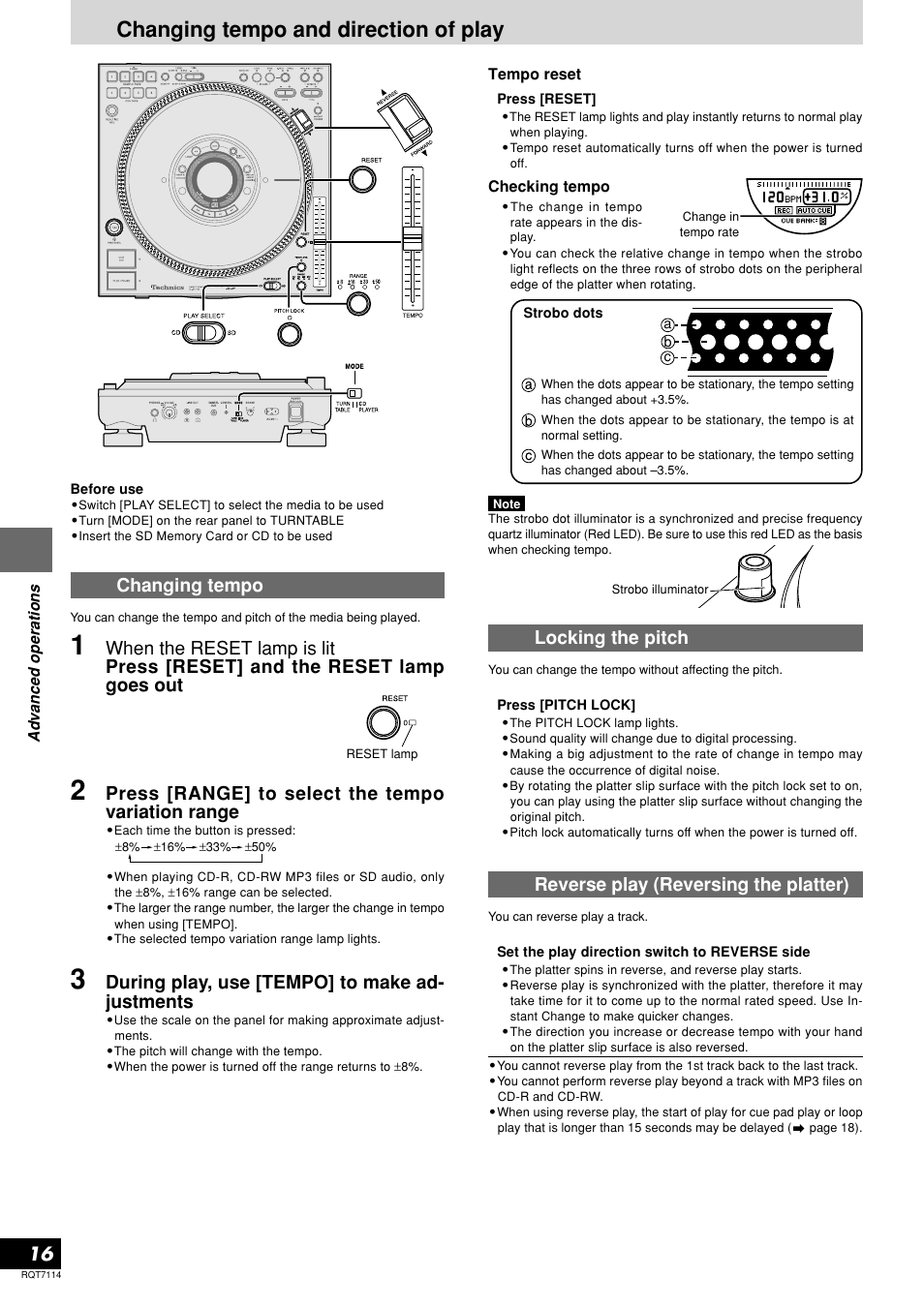 Changing tempo and direction of play, Locking the pitch, Reverse play (reversing the platter) | Changing tempo, Press [range] to select the tempo variation range, During play, use [tempo] to make ad- justments | Panasonic SL-DZ1200 User Manual | Page 16 / 28