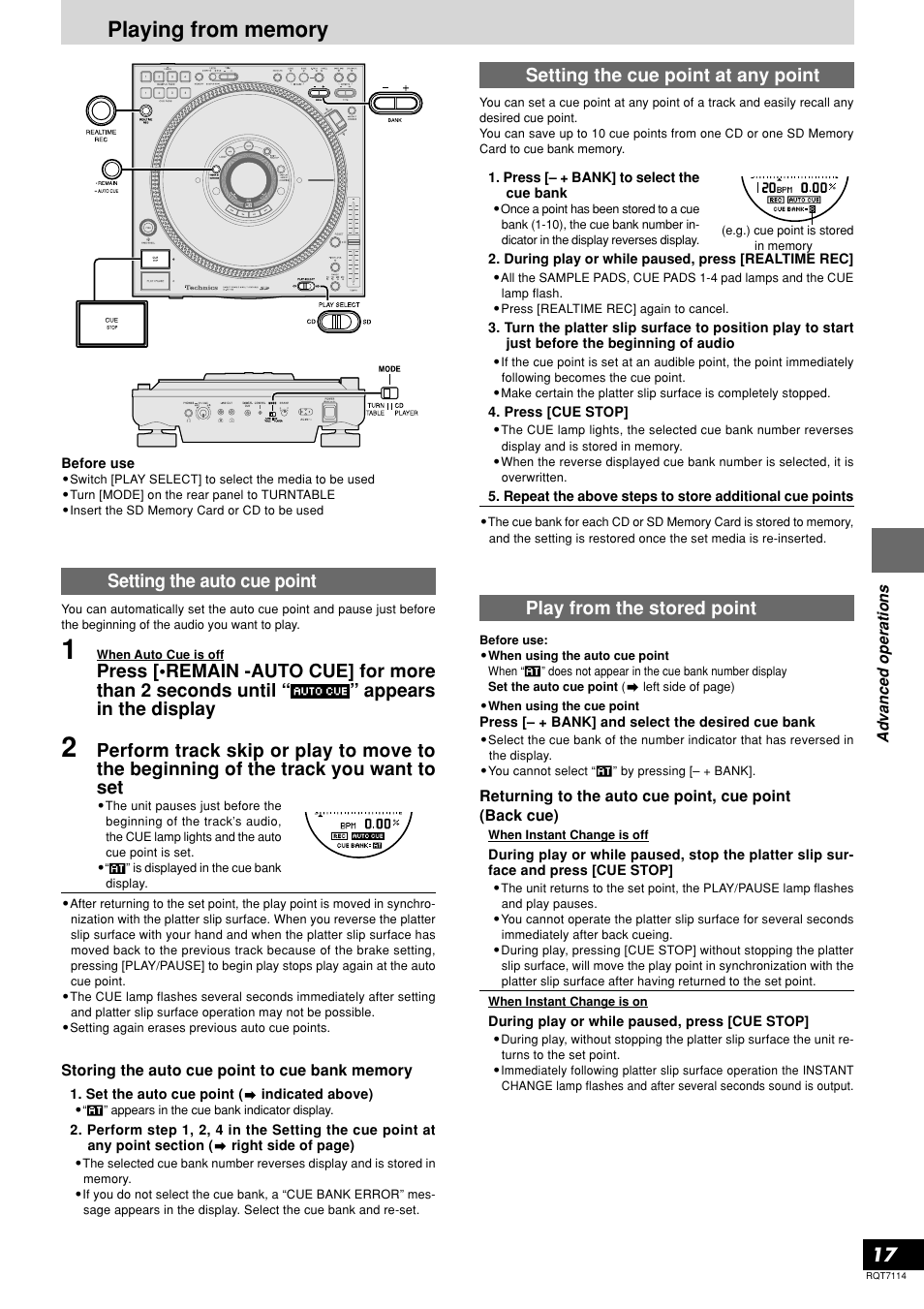 Setting the auto cue point, Setting the cue point at any point, Play from the stored point | Panasonic SL-DZ1200 User Manual | Page 17 / 28