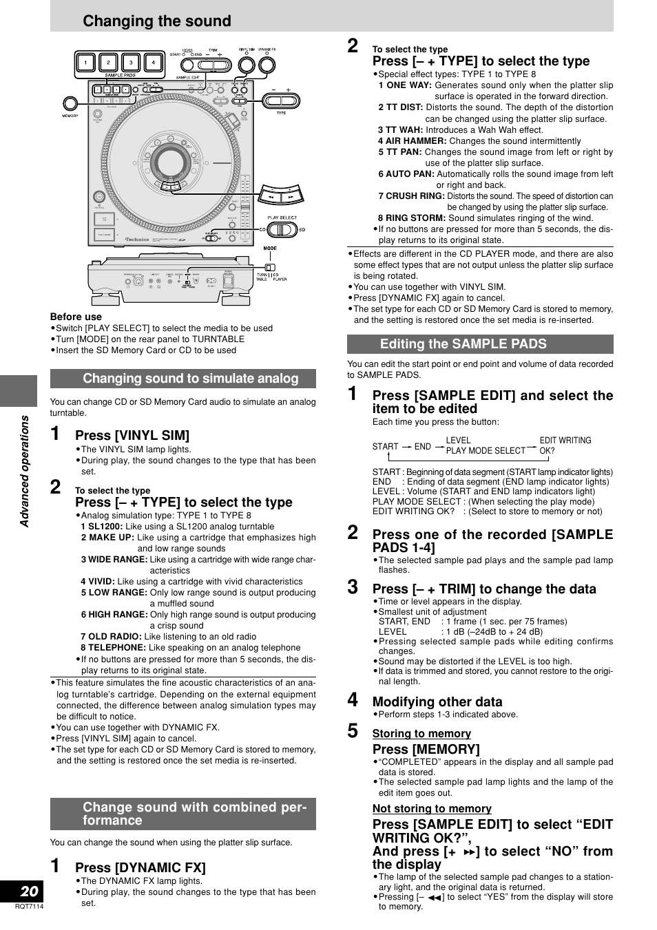 Changing the sound, Press [vinyl sim, Press [– + type] to select the type | Changing sound to simulate analog, Press [dynamic fx, Change sound with combined per- formance, Press one of the recorded [sample pads 1-4, Editing the sample pads, Press [– + trim] to change the data, Modifying other data | Panasonic SL-DZ1200 User Manual | Page 20 / 28