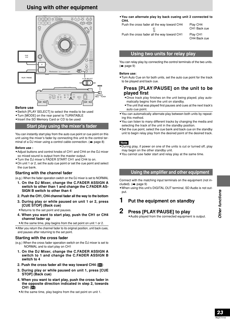 Using with other equipment, Start play using the mixer’s fader, Using the amplifier and other equipment | Put the equipment on standby, Press [play/pause] to play | Panasonic SL-DZ1200 User Manual | Page 23 / 28