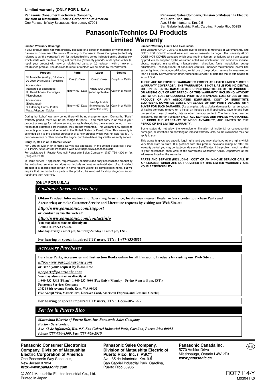 Panasonic/technics dj products limited warranty, Rqt7114-y, Customer services directory accessory purchases | Service in puerto rico | Panasonic SL-DZ1200 User Manual | Page 28 / 28