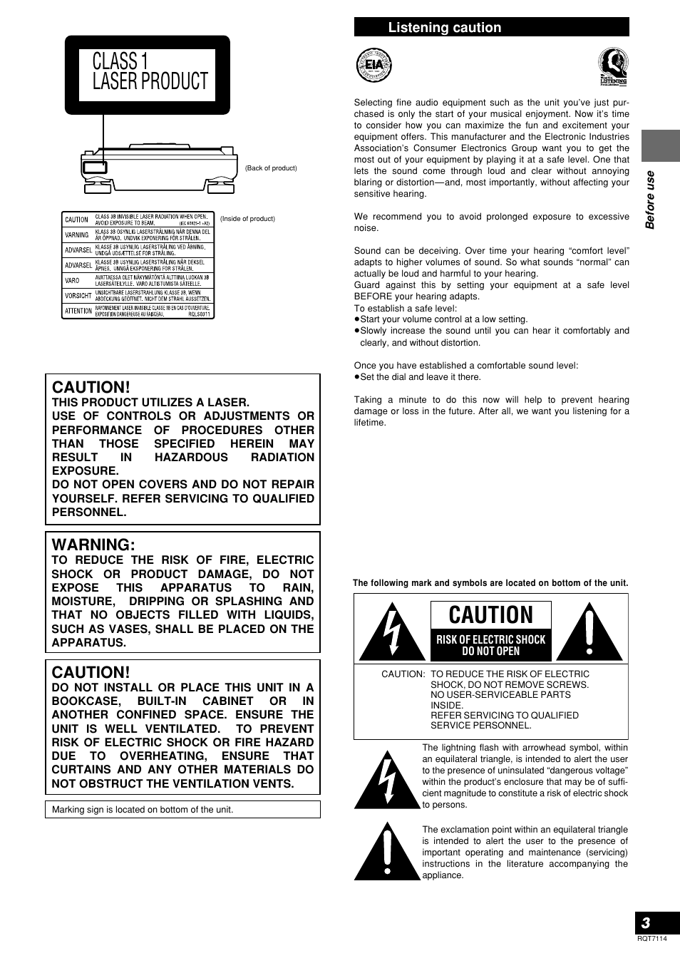 Class 1 laser product, Caution, Warning | Listening caution, Before use, Risk of electric shock do not open | Panasonic SL-DZ1200 User Manual | Page 3 / 28