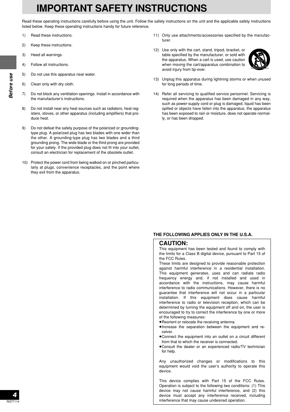 Important safety instructions, Caution | Panasonic SL-DZ1200 User Manual | Page 4 / 28