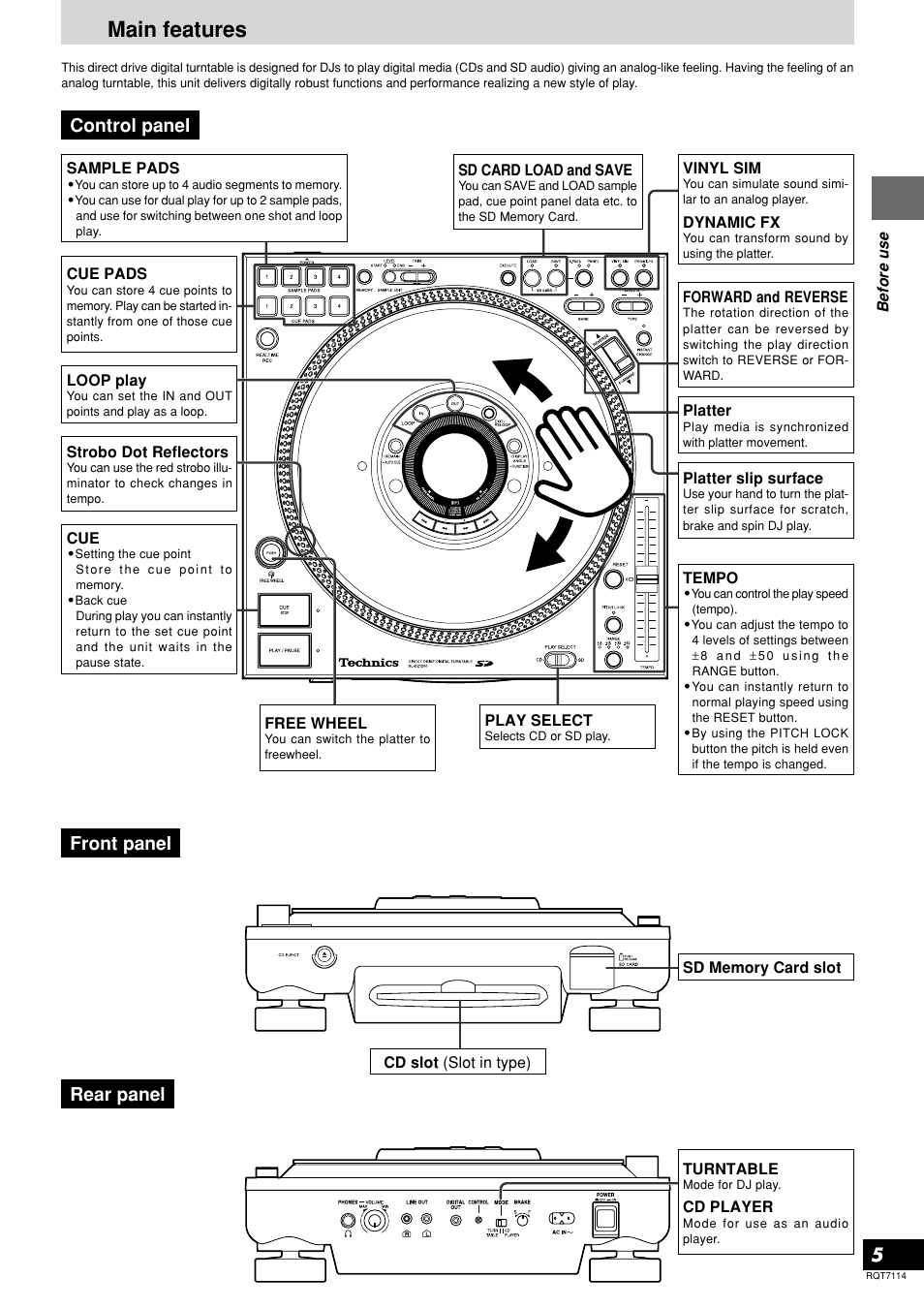 Main features, Control panel, Front panel rear panel | Panasonic SL-DZ1200 User Manual | Page 5 / 28
