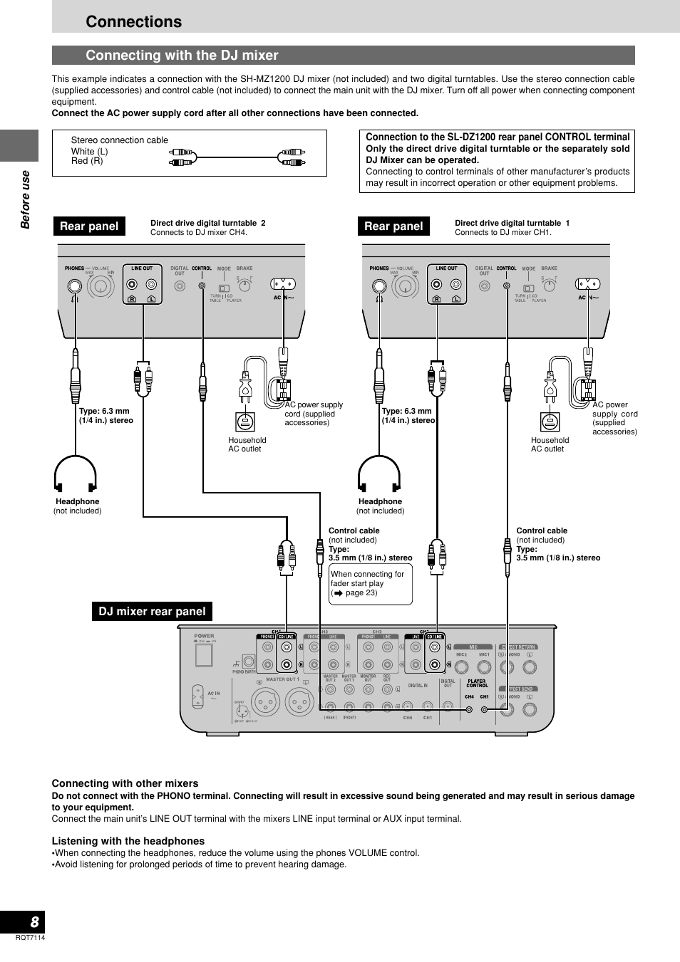 Connections, Connecting with the dj mixer | Panasonic SL-DZ1200 User Manual | Page 8 / 28