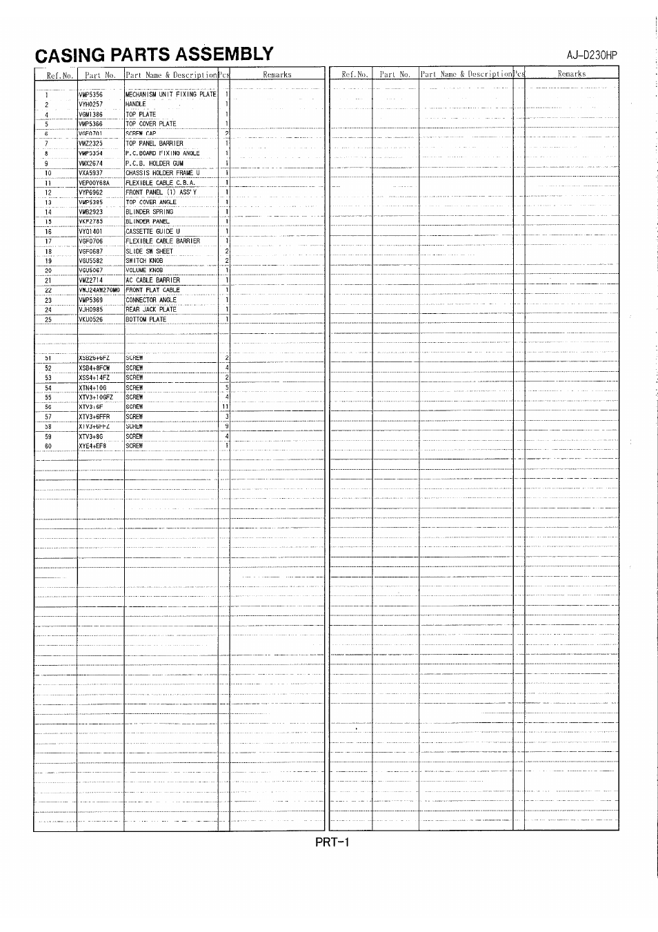 Casing parts assembly, Aj-d230hp, Prt-1 | Panasonic AJ-D230H User Manual | Page 4 / 16