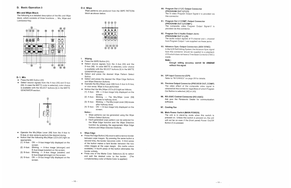 Advance sync output connectors (adv sync), Gpi input connector (gpi), Preview output connector (preview out, comp) | Rs-232c control connector (rs-232c), Cooling fan, Main power switch (main power) | Panasonic WJ-MX30 User Manual | Page 13 / 32