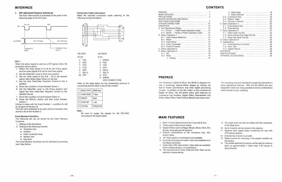 Gpi (general purpose interface), Conversion cable information, Event memory functions | Note, Interface | Panasonic WJ-MX30 User Manual | Page 30 / 32