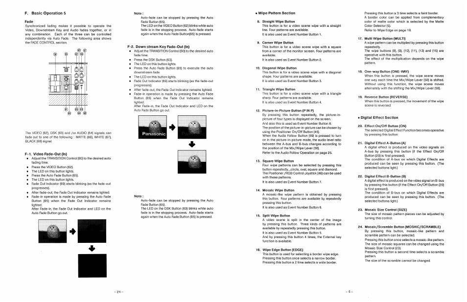 Wipe pattern section, Straight wipe button, Corner wipe button | Diagonal wipe button, Triangle wipe button, Picture-in-picture button (p in p), Square wipe button, Mosaic wipe button, Split wipe button, Wipe edge button (edge) | Panasonic WJ-MX30 User Manual | Page 7 / 32