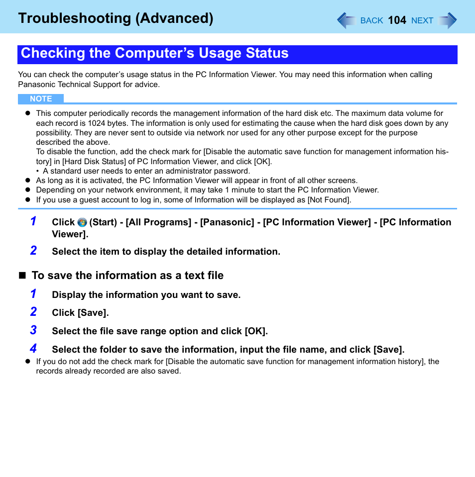 Checking the computer’s usage status, Troubleshooting (advanced) | Panasonic CF-52 Series User Manual | Page 104 / 106