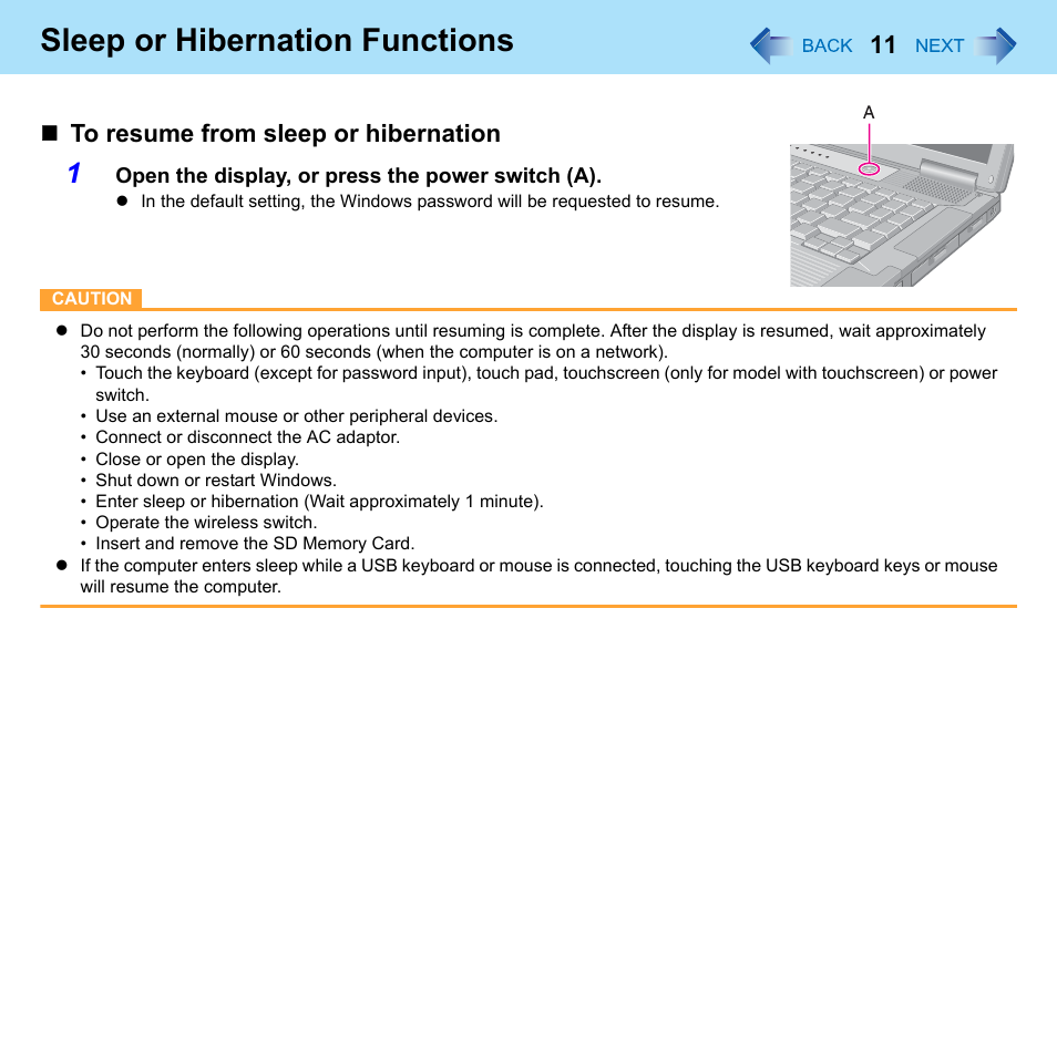Sleep or hibernation functions | Panasonic CF-52 Series User Manual | Page 11 / 106